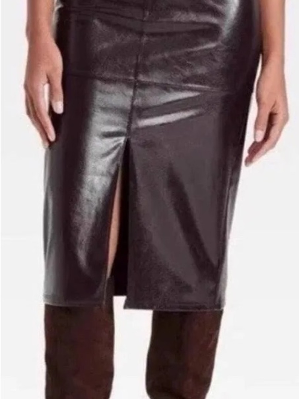 a new day Black Faux Leather Midi Pencil Skirt with Front Slit pleather
